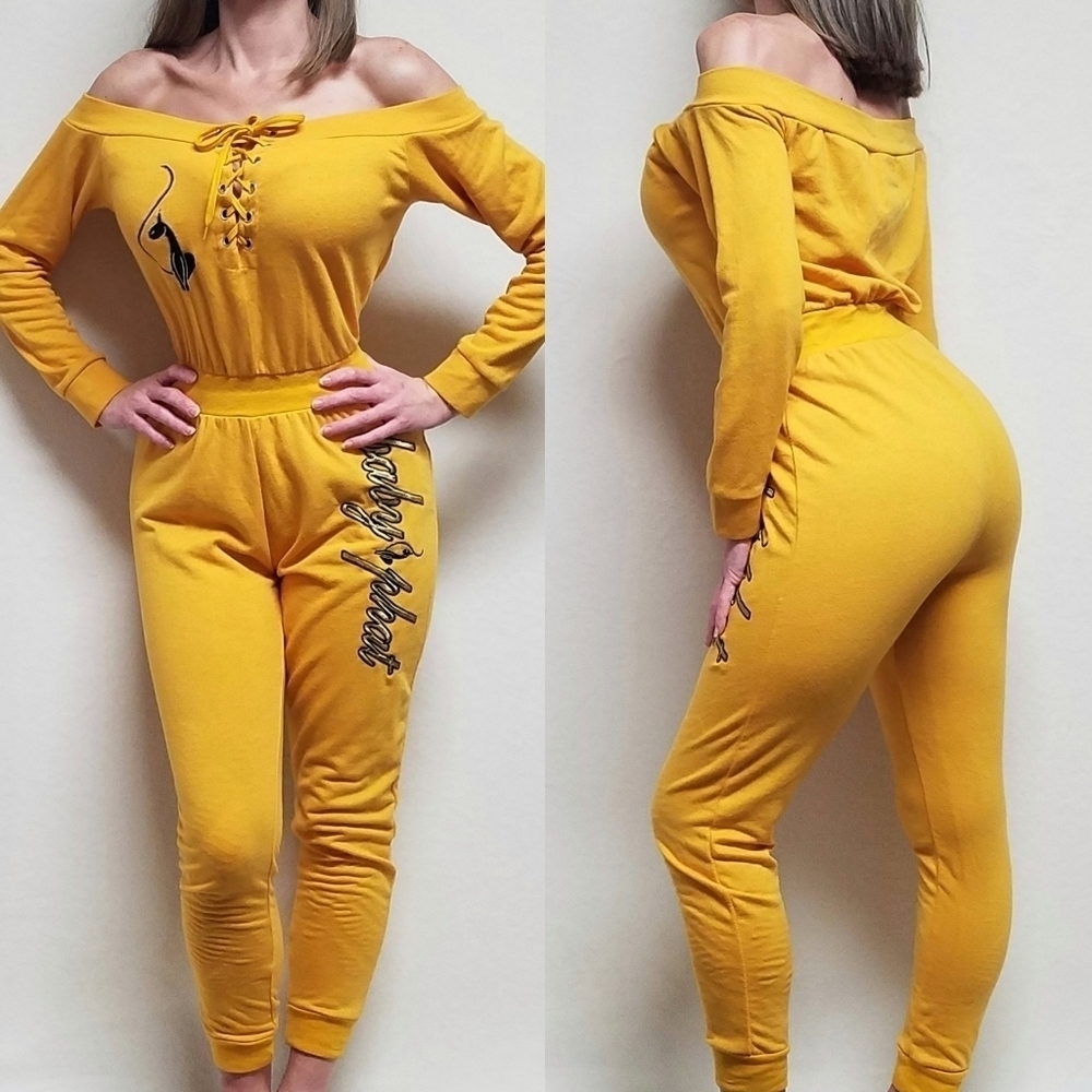 Rare Vintage 90s Baby Phat Mustard Yellow Gold Spell Out Off-Shoulder Jumpsuit M